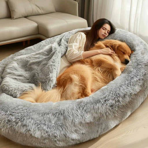 Human Dog Bed, Dog Bed for Humans, Giant Dog Bed with Washable Fluffy Faux Fur Cover, 72"X48"X11" Human Size Dog Bed with Soft Blanket, Large Dog Bean Bag Bed for Families, Light Grey