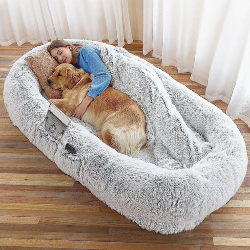 Human Dog Bed, 71''X45''X12'' Size Fits You and Pets, Washable Faux Fur Dog Bed for People Doze Off, Napping Orthopedic Dog Bed, Present Plump Pillow, Blanket, Strap - Grey