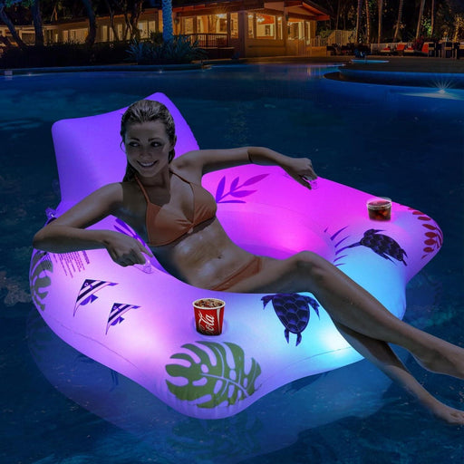 Inflatable Pool Floats Chair with Color Changing Light, Solar Powered Water Floats for Adults with 2 Cup Holders & 2 Armrests, Beach Float Pool Sofa, Pool Raft Lounge Pool Floaties for Adult