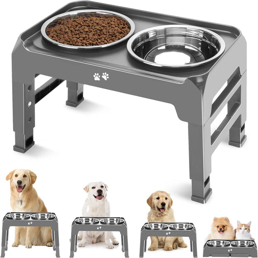 Elevated Dog Bowls, 4 Height Adjustable Raised Dog Bowl Stand with 2 Thick 50Oz Stainless Steel Dog Food Bowls Non-Slip Dog Feeder for Large Medium Dogs Adjusts to 3.7", 9.2", 10.75", 12.36" Grey