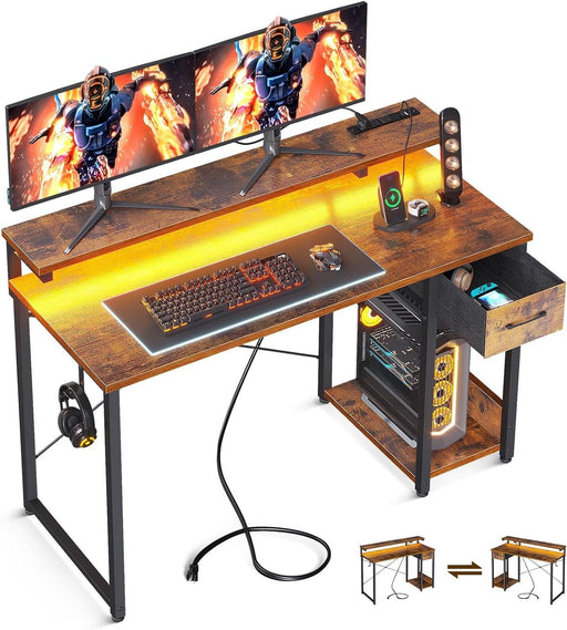 AODK Gaming Computer Desk with Power Outlet & LED Light Strip, 48 Inch Home Office Desk with Adjustable Monitor Stand, Writing Desk with a Drawer & Storage Shelf, PC Desk for Small Space, Rustic Brown