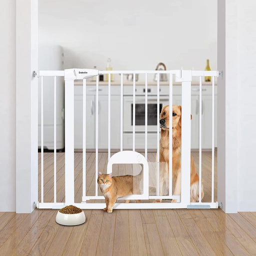 Babelio Baby Gate with Adjustable Cat Door, 29-43" Auto Close Durable Dog Gate for Stairs, Doorways and House, Easy Walk Thru Safety Gate with Pet Door, White