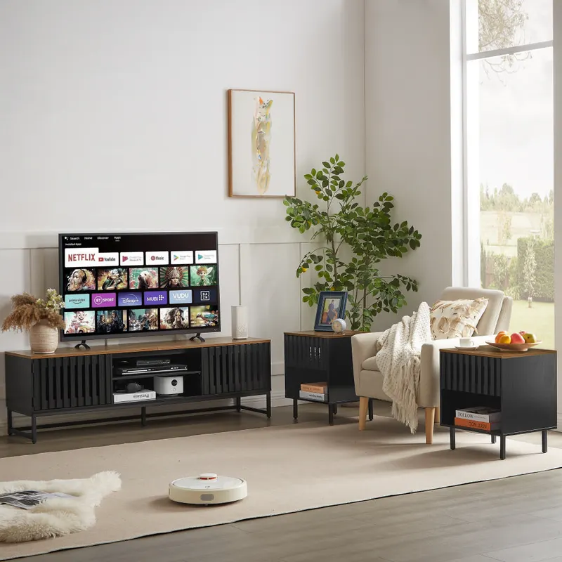 63 Inch Mid Century Modern TV Stand with Slatted Grille Striped — photo 5