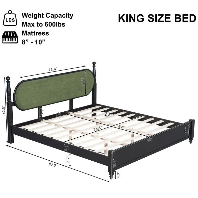 King Bed Frame β Solid Wood Platform with Slats β photo 3