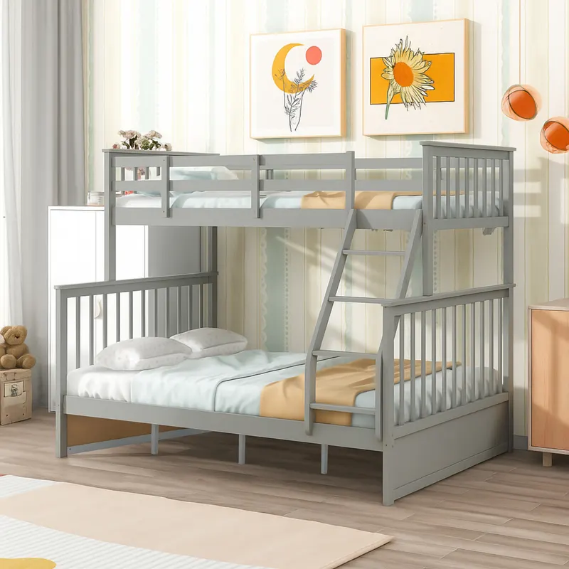 Twin Over Full Bunk Bed — Wooden Bunk Bed with Ladder and Safety