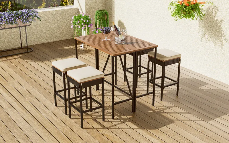 5-Piece Outdoor Acacia Wood Bar Height Table and Four Stools β photo 4