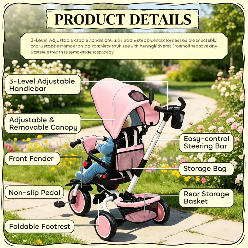 Pink 6-in-1 Convertible Kids Tricycle: 1-5Y Stroller Trike — photo 8