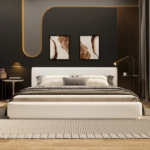 Soft and Comfortable Upholstered Bed. Luxurious and Cozy Bedroom