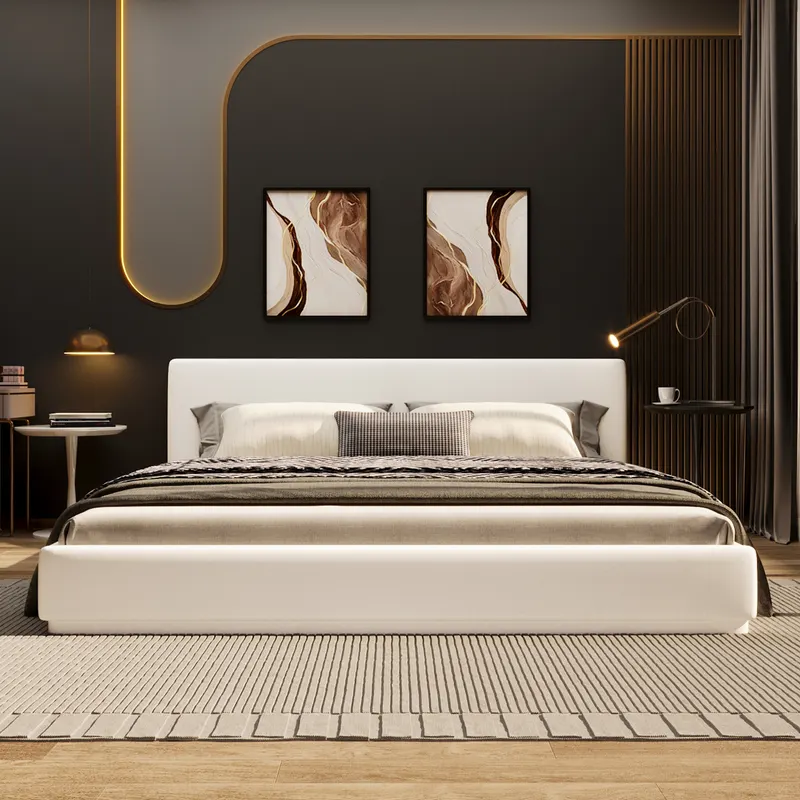 Soft and Comfortable Upholstered Bed. Luxurious and Cozy Bedroom