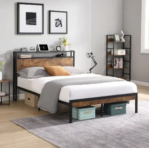 King Size Metal Platform Bed Frame with Wooden Headboard
