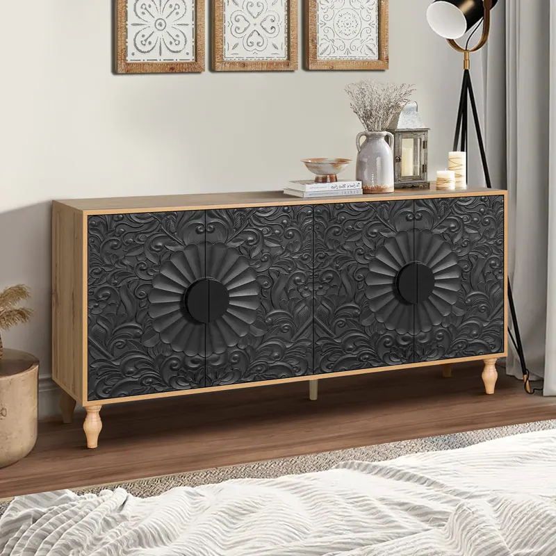Black Carved Symmetrical Design Door and Wood Coloured Frame β photo 2