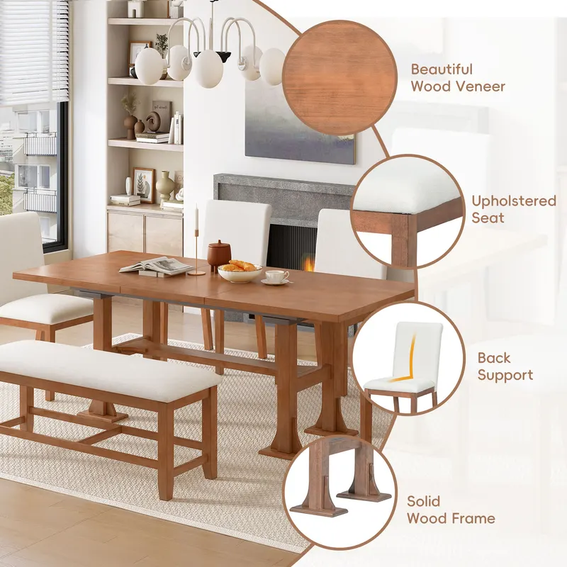 Farmhouse 76inch 6-Piece Extendable Dining Table Set Trestle — photo 2