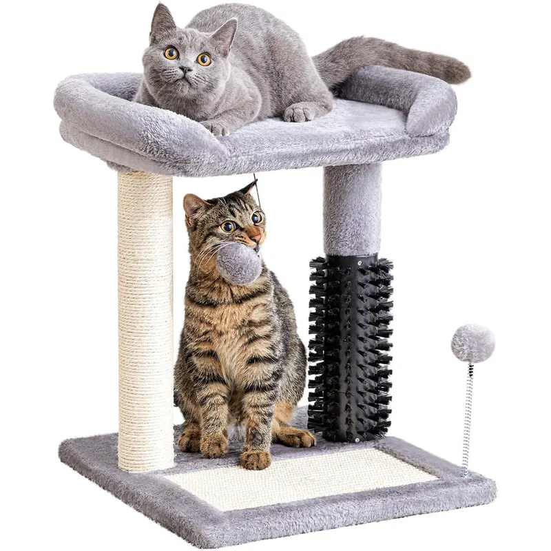 Small 4-in-1 Cat Tree Tower with Self-grooming Brush and Natural