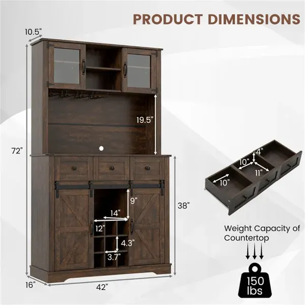 Brown Farmhouse 72" Pantry Cabinet with Hutch — photo 6