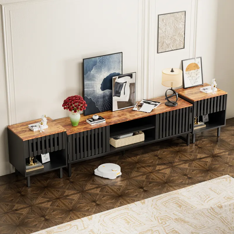 63 Inch Mid Century Modern TV Stand with Slatted Grille Striped — photo 2
