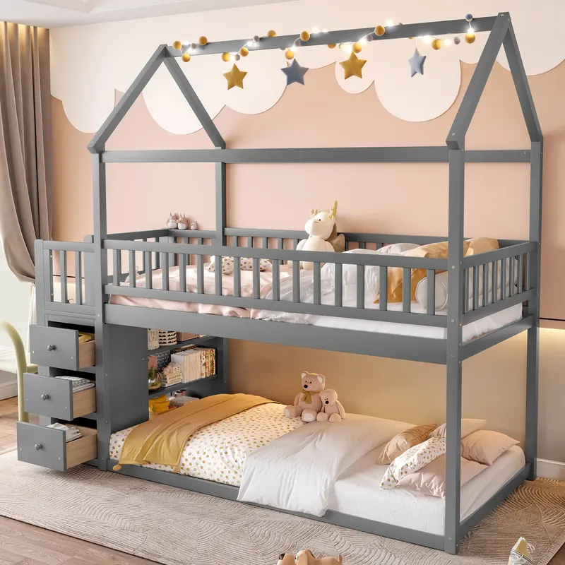 TWIN TWIN HOUSE BUNK BED WITH SHELVES AND DRAWERS FOR GREY COLOR — photo 4