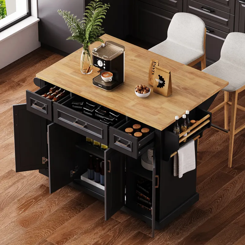K & K 54inch Large Kitchen Island with Rubber Wood Drop Leaf — photo 2