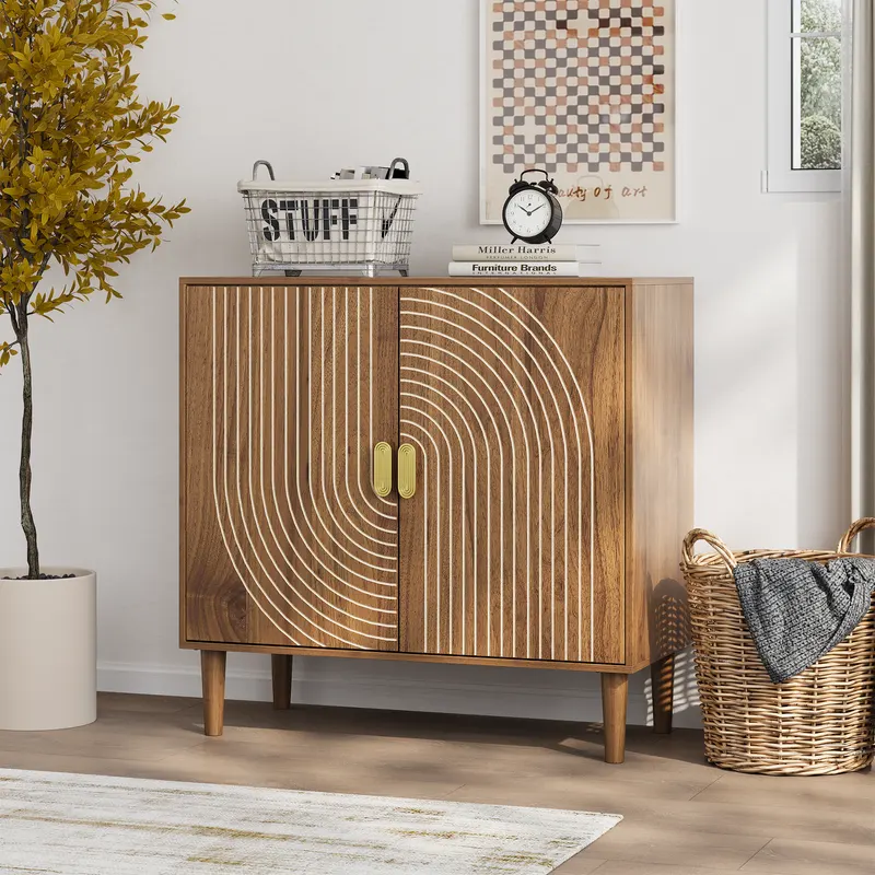 Walnut Wood Buffet Cabinet with Line Groove Design