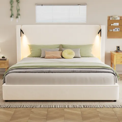 King Size Upholstered Bed Frame with High Wingback Headboard