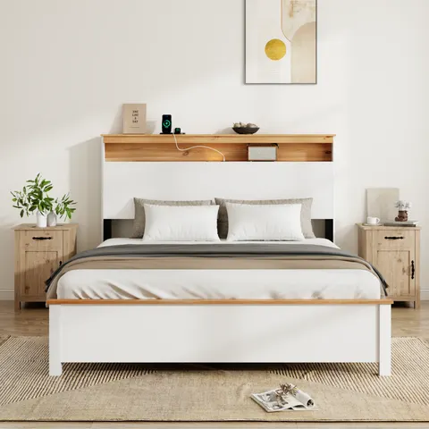 Queen Farmhouse Wood Bed Frame with Storage Headboard & Charging