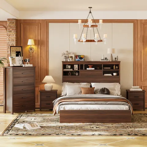 4PCS Bedroom Sets — Wooden Queen Size Bed Frame with Storage