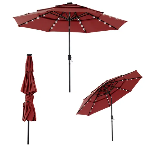 10FT 3-Tier Solar Patio Umbrella with 32 LED Lights