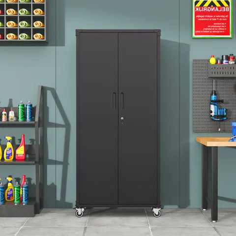 71 All-black Metal Garage Storage Cabinet with Wheels