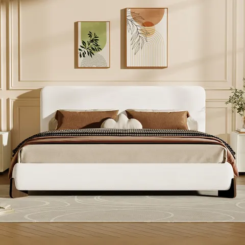 Elegant Terry Upholstered Bed with Dark Brown Solid Wood Legs
