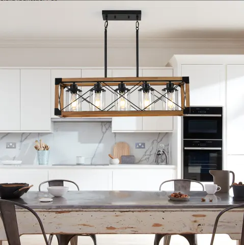 32 Inch Walnut Industrial Farmhouse Rectangle Pendant Light