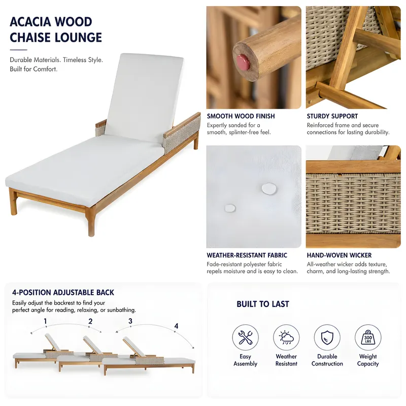 76.8 Solid Acacia Wood Sun Chaise Lounger Set of 2 β photo 2