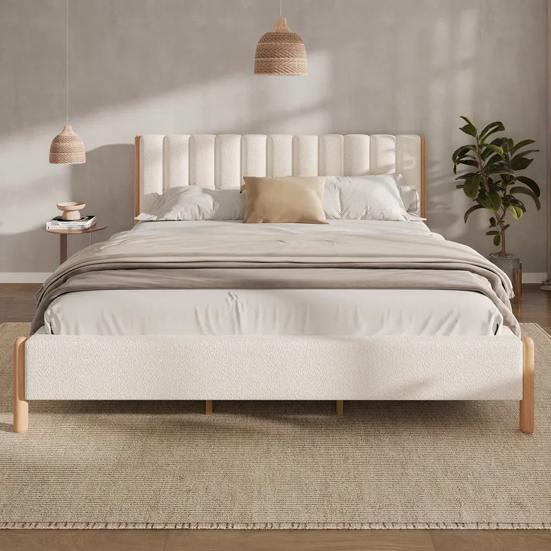 King Size Bed Frame with Boucle Upholstered Thick Headboard β photo 3