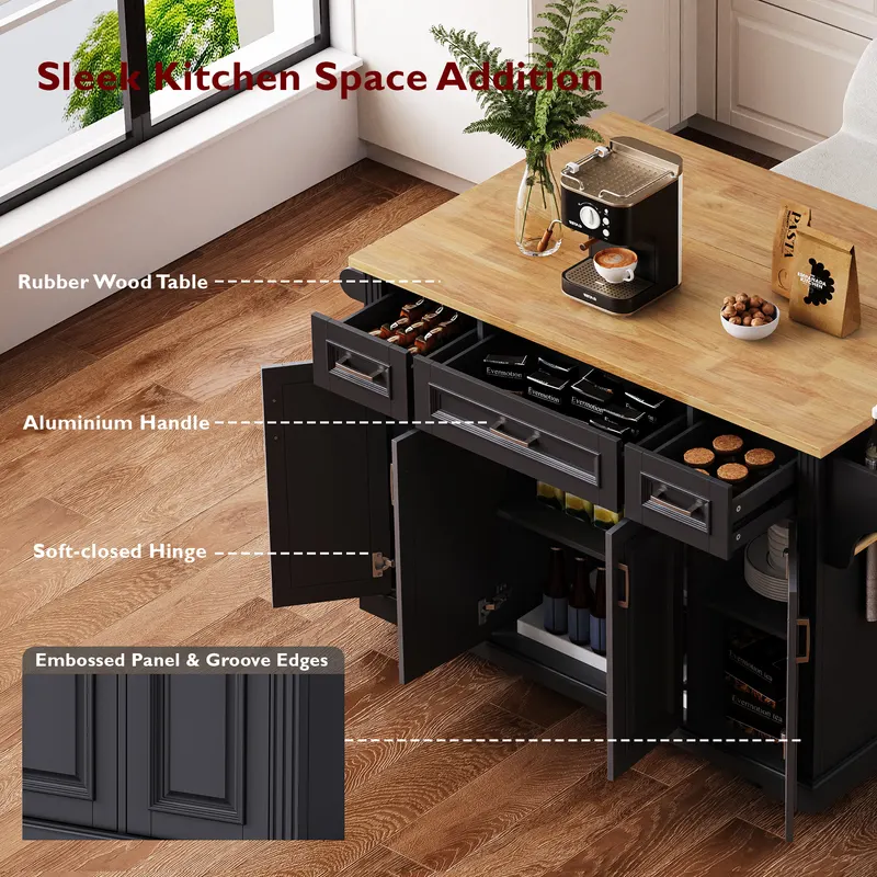 K & K 54inch Large Kitchen Island with Rubber Wood Drop Leaf — photo 4