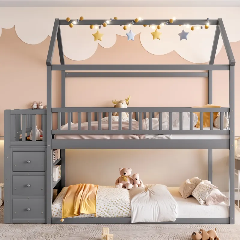TWIN TWIN HOUSE BUNK BED WITH SHELVES AND DRAWERS FOR GREY COLOR — photo 2