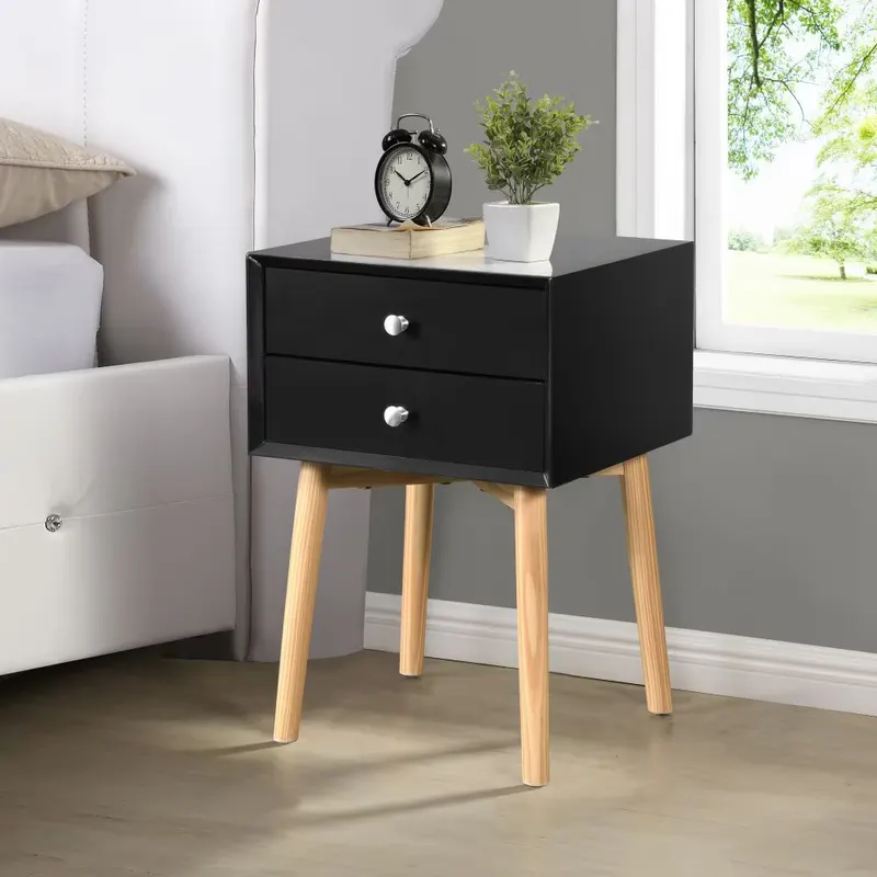 Side Table — Bedside Table with 2 Drawers and Rubber Wood Legs