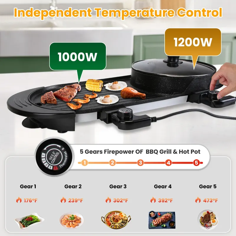 2200W 2 in 1 Electric Hot Pot with BBQ Grill Cooker Smokeless — photo 5