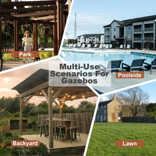 Wooden Pergola Grill Gazebo with Metal Roof & Bulbs & Bar — photo 5
