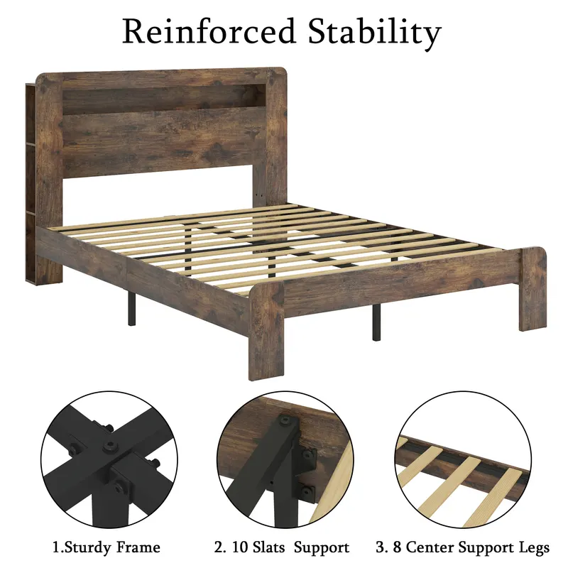 King Wood Bed Frame with LED Headboard