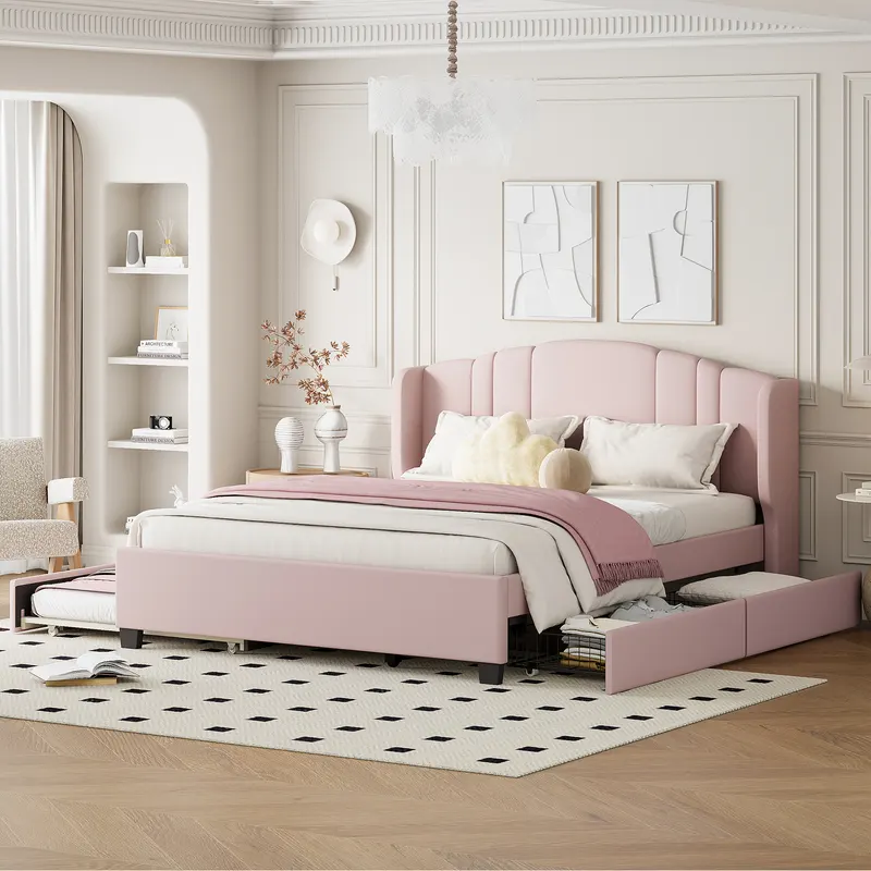 Upholstered Platform Bed with Wingback Headboard — photo 4