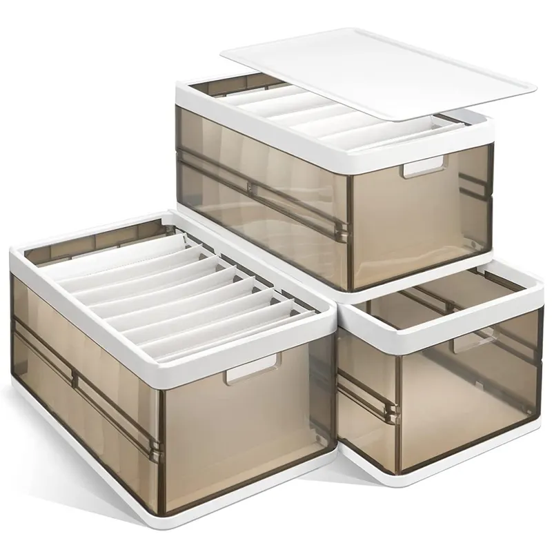 3 Pack Foldable Storage Bin with Lid Stackable Plastic Closet