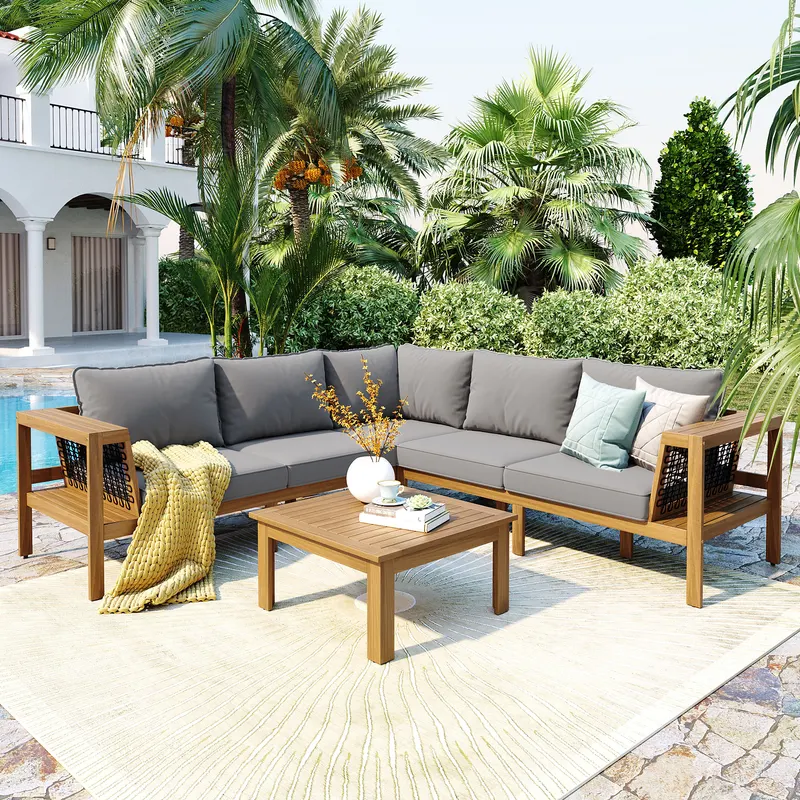 4 Pieces Outdoor Acacia Wood Sofa Set β photo 2