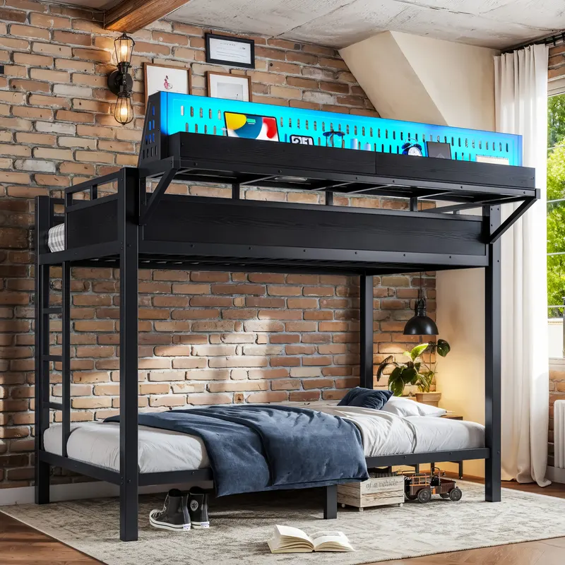 Twin XL Over Twin XL Size Metal Bunk Bed with Storage Shelves — photo 3