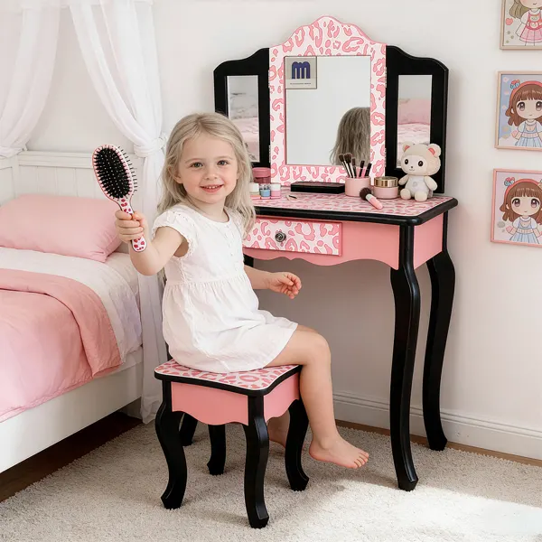 Three-fold Mirror Single Drawer Feet Children Dresser Red — photo 3