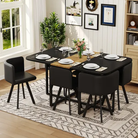 7 Piece Dining Table Set with 6 Black PU Chairs