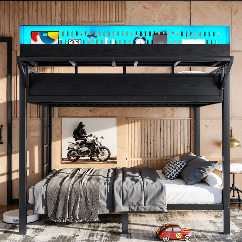 Full Over Full Size Metal Bunk Bed with Storage Shelves — photo 4
