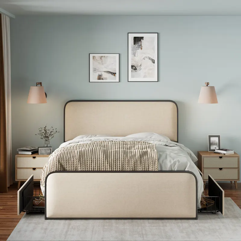 Modern Metal Bed Frame with Curved Upholstered Headboard β photo 3