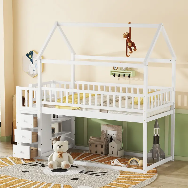 TWIN TWIN HOUSE BUNK BED WITH SHELVES AND DRAWERS FOR WHITE — photo 3