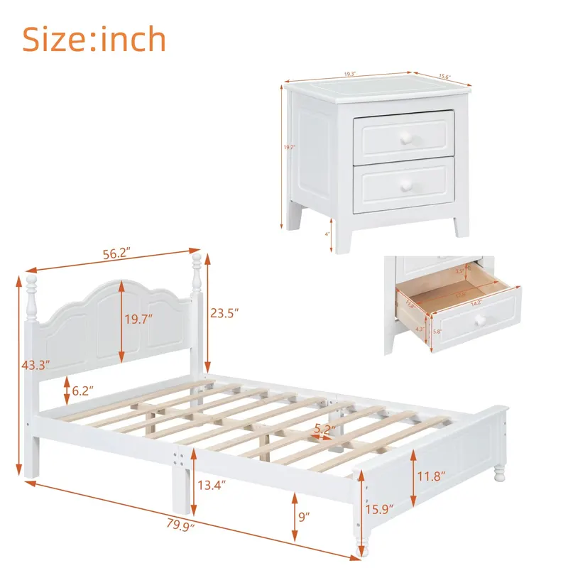3-Pieces Bedroom Sets — Full Size Wood Platform Bed and Two — photo 5