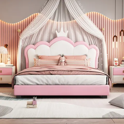 Full Size Upholstered Princess Bed with Crown Headboard