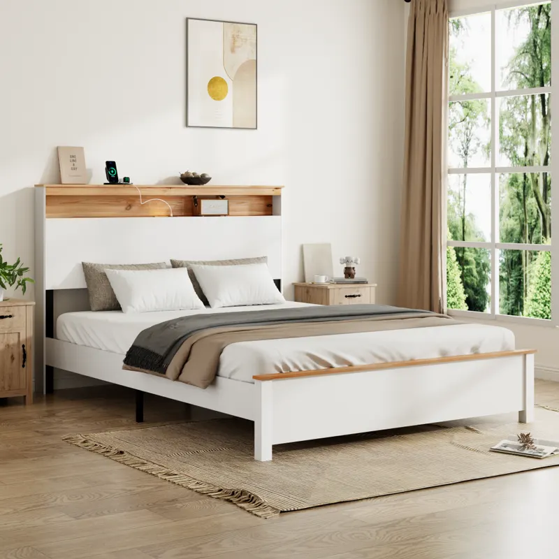 Full Farmhouse Wood Bed Frame with Storage Headboard & Charging — photo 3
