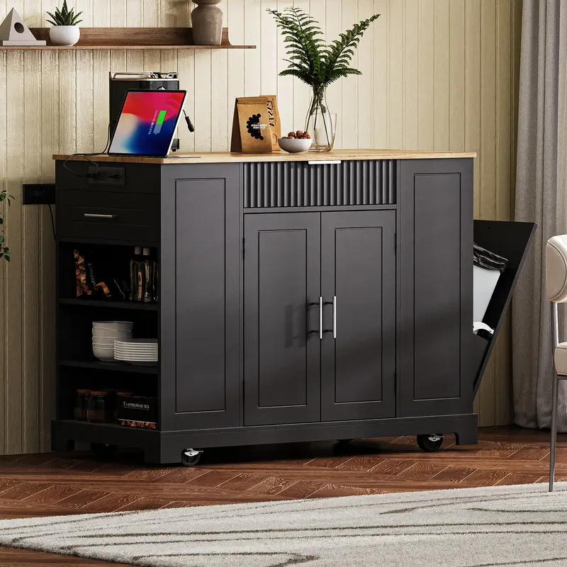 K&k Fluted Kitchen Island with Trash Can Storage Cabinet — photo 2